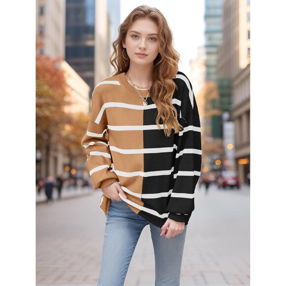 Striped Oversized Casual Loose Long Sleeve Crew Neck Cozy Sweaters for Women's - Picture 2 of 6